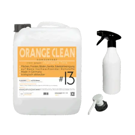 Orange Clean Konzentrat mit Zubehör, inklusive Dosierpumpe für Kanister und Sprühflasche.