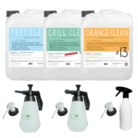 Starter Set bestehend aus Grillreiniger, Fett Reiniger und Orange Reiniger, inklusive Zubehör wie Drucksprüher, Druckschäumer, Schaumsprühflasche und 3 Druckpumpen.