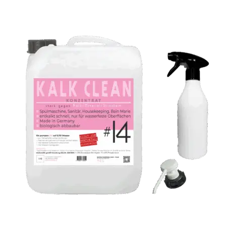 Kalk Clean Konzentrat Set mit Sprühflasche und Dosierpumpe.
