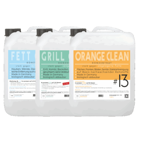 Starter Set 3x10L – Grillreiniger, Fettlöser und Orangenreiniger für professionelle Küchen- und Gastronomiereinigung. Reinigen wie ein Profi.