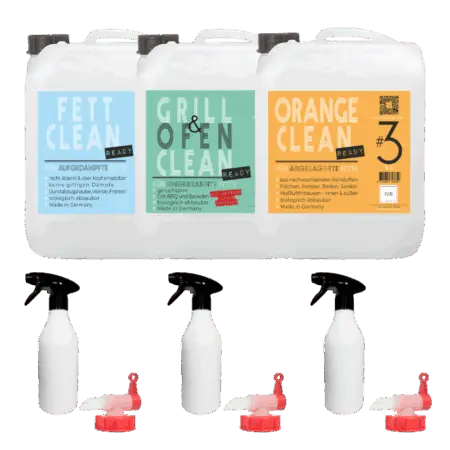 3er Starter-Set 5L: Fett-, Orangen- und Grillreiniger mit 3x Ausgießer und 3x leeren Sprühflaschen zum Befüllen.