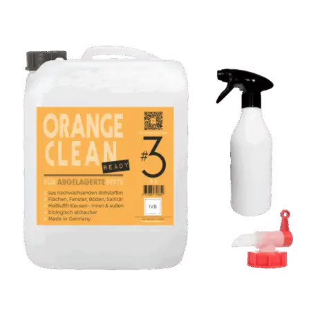 Ein 5-Liter-Kanister Orange Clean Ready, ein biologisch abbaubarer Orangenreiniger, zusammen mit einer transparenten Sprühflasche und einem roten Ausgießer zur sofortigen Anwendung.
