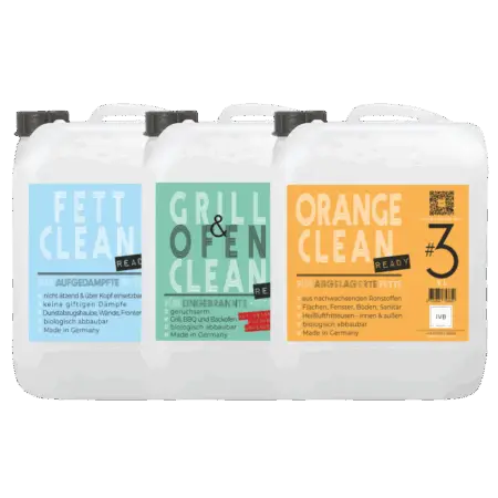 3er Starter-Set Ready zum grillen – 3x 5L Reinigungsmittel zum Nachfüllen: Fett-, Grill- und Orangenreiniger im Angebotspaket.