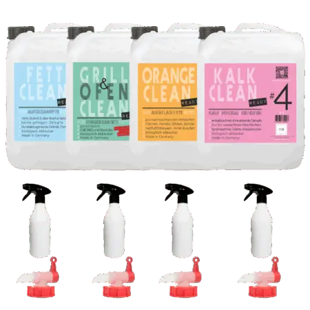 4er 5L Kanister Set: Fettreiniger, Orangenreiniger, Grillreiniger, Kalkreiniger mit 4x Ausgießer und 4x Sprühflasche zur direkten Anwendung.