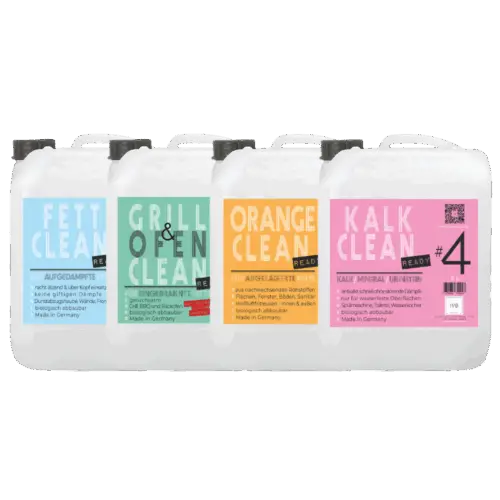 Starter Set 4x5L – Grillreiniger, Fettlöser, Orangenreiniger und Kalkreiniger für professionelle Reinigung in Gastronomie und Haushalt. Reiniger für Grill.