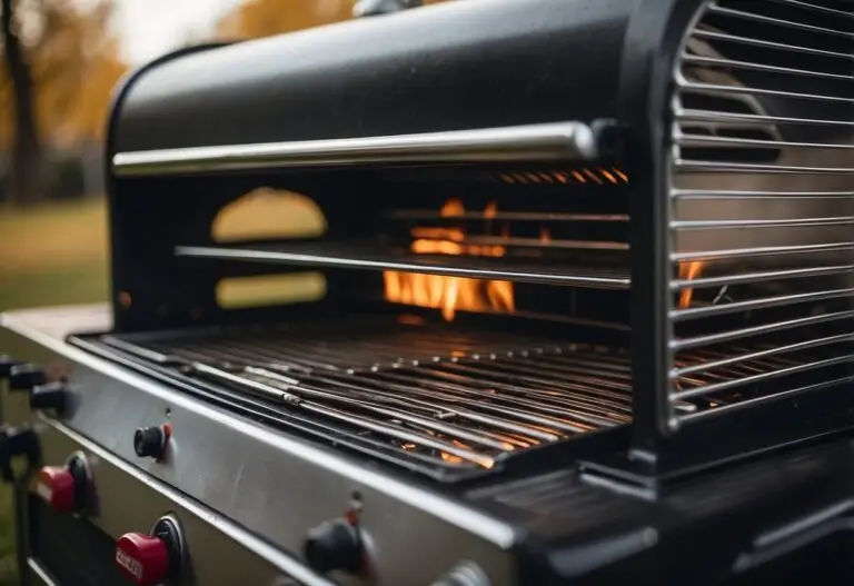 Ein offener Grill mit sichtbaren Flammen und glänzenden Grillrosten, bereit für die Reinigung nach dem Gebrauch.