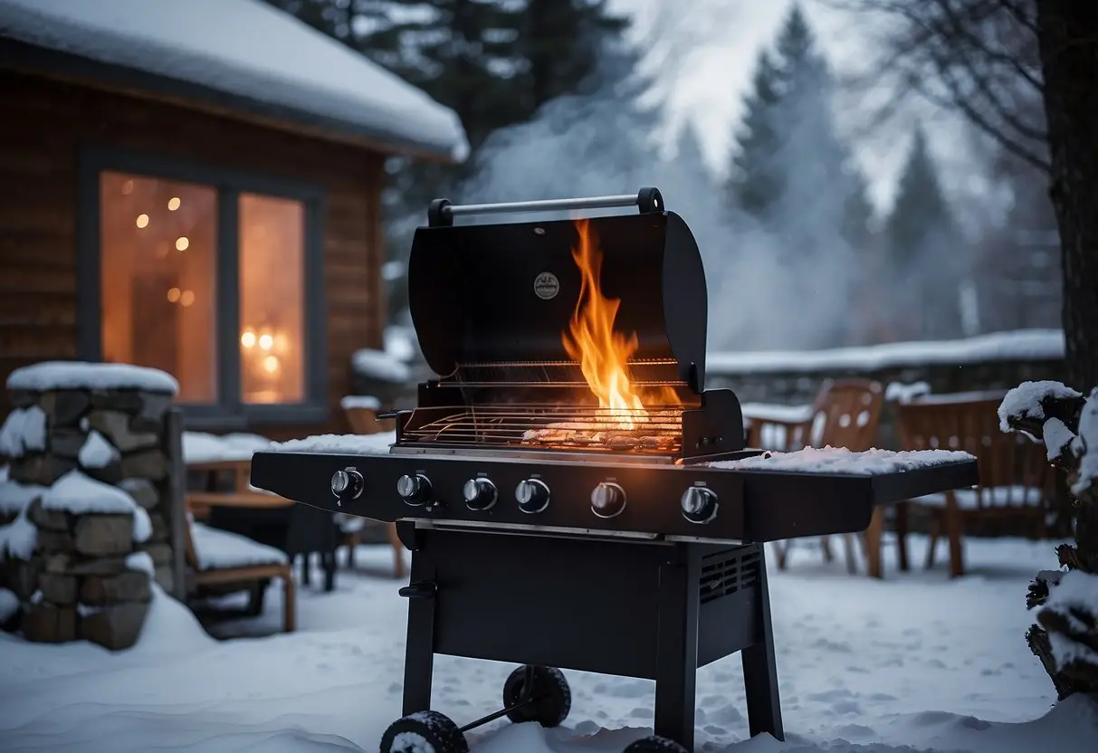 Ein Grill im Freien mit brennenden Flammen, umgeben von einer schneebedeckten Landschaft. Im Hintergrund ist eine gemütliche Hütte mit beleuchteten Fenstern zu sehen.