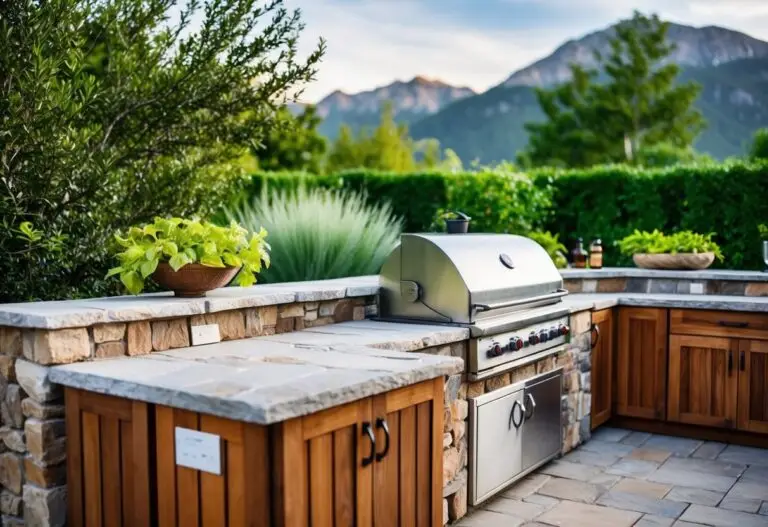 Eine Outdoor-Küche mit Natursteinverkleidung und Holzschränken, ausgestattet mit einem großen Edelstahlgrill. Im Hintergrund sind üppige grüne Pflanzen und eine Berglandschaft zu sehen.