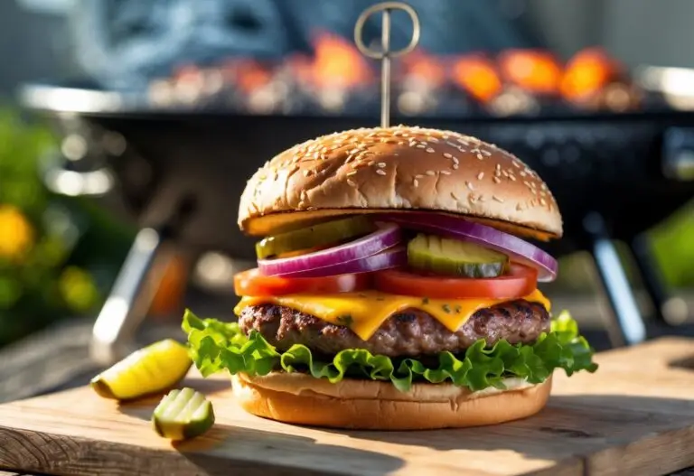 Frisch gegrillter Cheeseburger mit Salat, Tomate, Gurke, Zwiebeln und Sesam-Bun vor einem glühenden Holzkohlegrill.