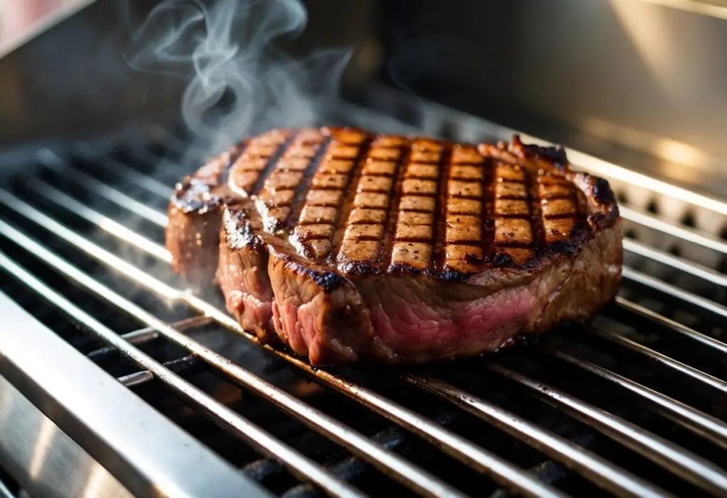 Perfekt gegrilltes Steak auf heißem Grillrost mit typischem Grillmuster – ideal für BBQ-Liebhaber.