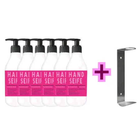 6x Flaschen hautmilde Handseife mit Pumpspender + gratis Edelstahl-Wandhalterung – ideal für gewerbliche Handhygiene