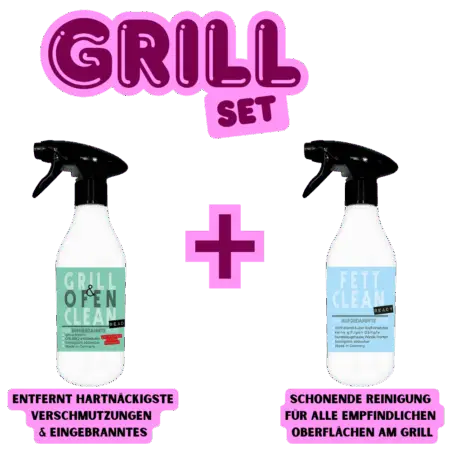 Grillreiniger Set bestehend aus zwei Sprühflaschen: starker Grillreiniger gegen Eingebranntes und sanfter Fettlöser für empfindliche Oberflächen. Das ultimative BBQ Reiniger Set.