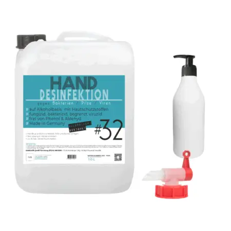 10 L Handdesinfektion auf Alkoholbasis mit Leerflasche und Ausgießer im Set – ideal für hygienisches Nachfüllen im Alltag