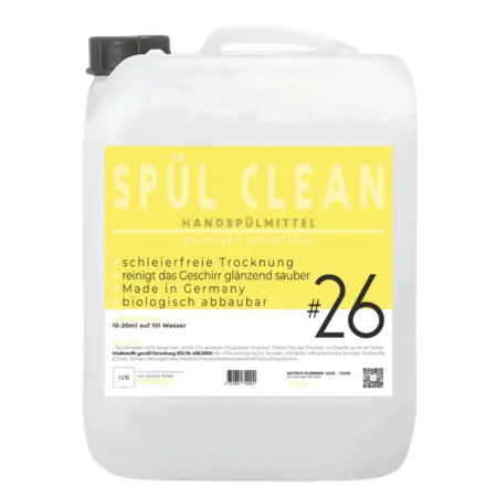 10 Liter Kanister Spül Clean – leistungsstarkes Handspülmittel für das Gewerbe, biologisch abbaubar, sorgt für streifenfreie Sauberkeit in allen Anforderungen des sauber machen.