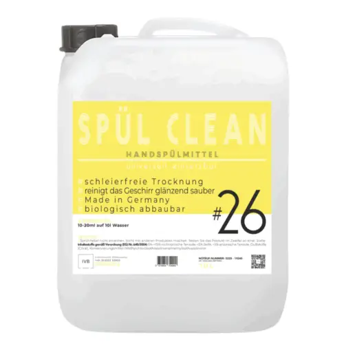10 Liter Kanister Spül Clean – leistungsstarkes Handspülmittel für das Gewerbe, biologisch abbaubar, sorgt für streifenfreie Sauberkeit in allen Anforderungen des sauber machen.