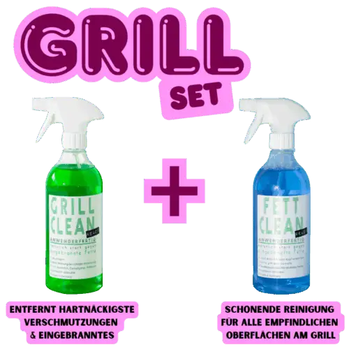 Grillreiniger Set bestehend aus zwei Sprühflaschen: starker Grillreiniger gegen Eingebranntes und sanfter Fettlöser für empfindliche Oberflächen. Das ultimative BBQ Reiniger Set.