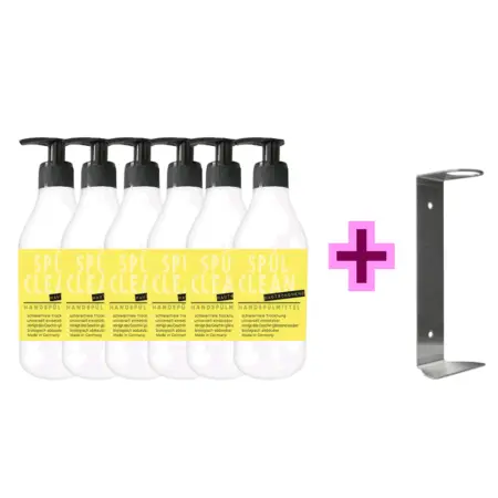 Spar-Set mit 6 Flaschen Spül Clean Handspülmittel à 0,75 L und kostenloser Edelstahl-Wandhalterung.