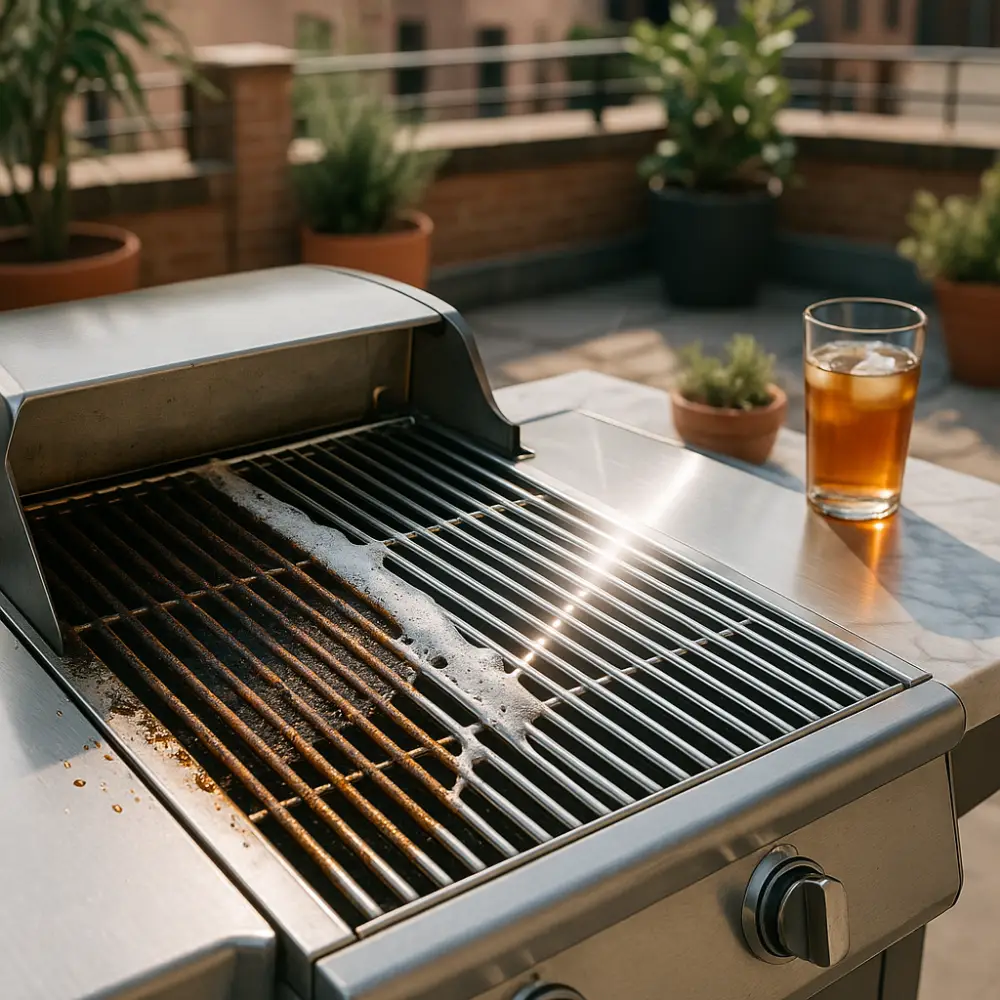 Vorher - nachher Foto eines Gasgrills. Gasgrill reinigen Anleitung mit dem Grill Set von ivb