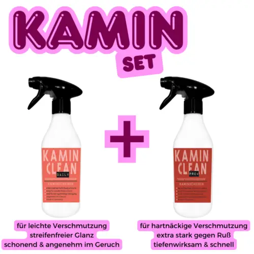 Kaminscheibenreiniger Set bestehend aus 0,5 L Kamin Clean Daily und 0,5 L Kamin Clean Pro+ – ideal zur gründlichen und regelmäßigen Reinigung von Kaminscheiben, Kaminöfen, Pelletöfen und BBQ-Sichtfenstern