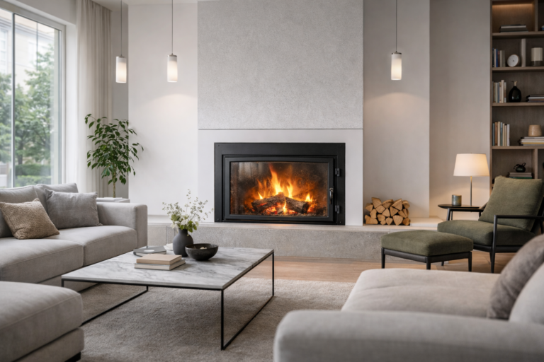 Verrußte Kaminscheibe mit sichtbaren Ruß- und Glanzruß-Ablagerungen – Darstellung der Reinigung einer Kaminscheibe mit geeignetem Kaminreiniger. So kann man einfach Ruß vom Kamin entfernen.