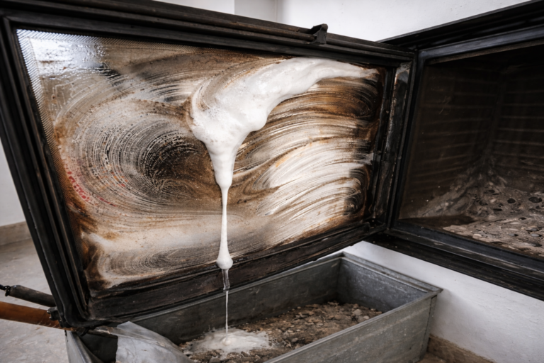 Saubere, streifenfreie Kaminscheibe mit klar sichtbarem Feuer – Vergleich zwischen verrußter und gereinigter Kaminscheibe nach professioneller Reinigung. Kaminscheibe reinigen - richtig: