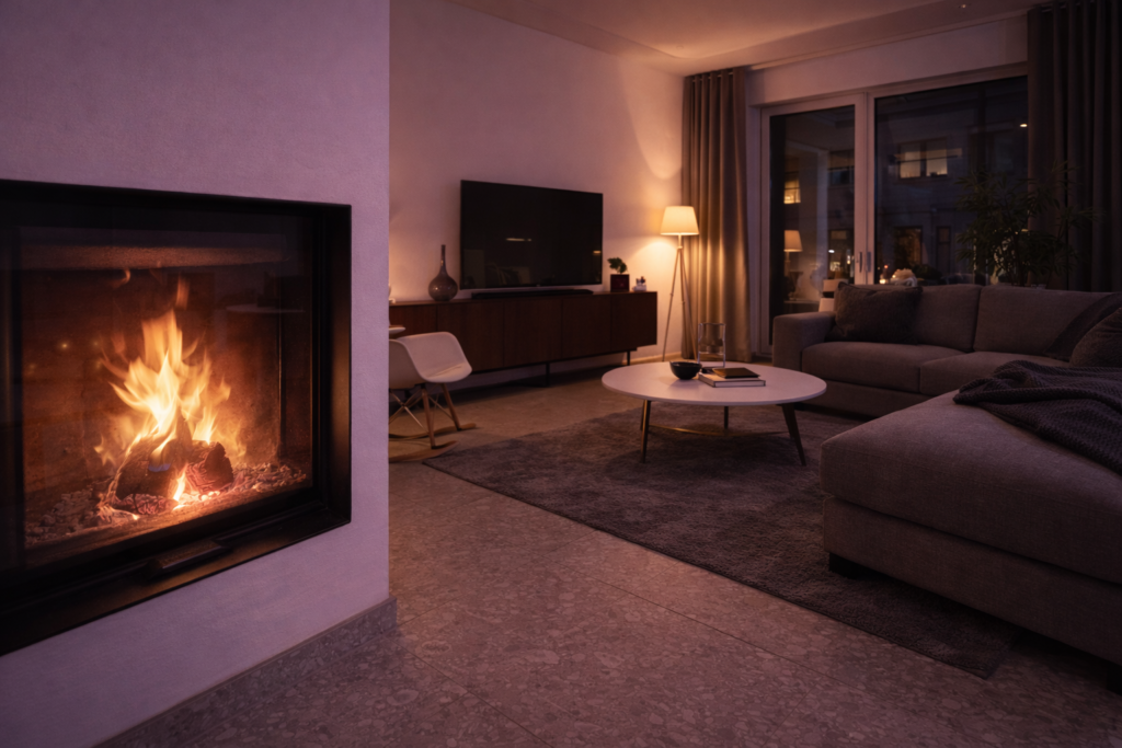 Gründlich gereinigter Kaminofen mit sauberem Innenraum, leerem Aschefach und streifenfreier Sichtscheibe – Darstellung der vollständigen Kaminofen-Reinigung Schritt für Schritt. Hier gehts zum Kaminofen richtig reinigen Artikel