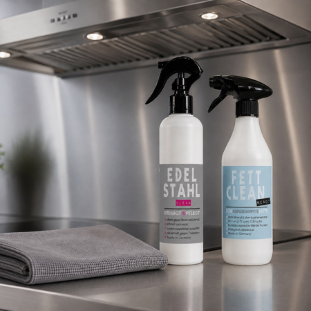 IVB Fett Clean und Edelstahlpflege mit grauem Mikrofasertuch zur Reinigung einer Edelstahl-Dunstabzugshaube in der Küche - Unser IVB Edelstahl Reinigungsset