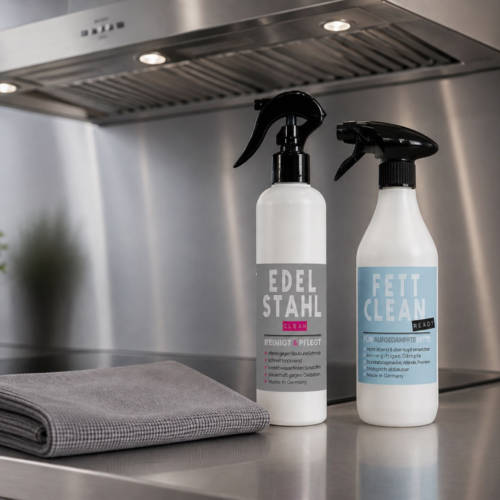 IVB Fett Clean und Edelstahlpflege mit grauem Mikrofasertuch zur Reinigung einer Edelstahl-Dunstabzugshaube in der Küche - Unser IVB Edelstahl Reinigungsset